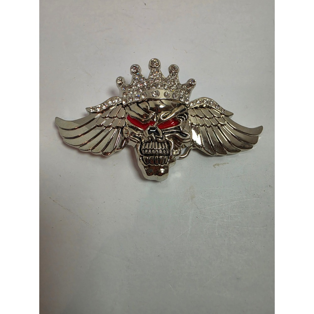Skull Belt Buckle Winged Crown Rhinestone Red Eyes Silver Tone Biker Gothic